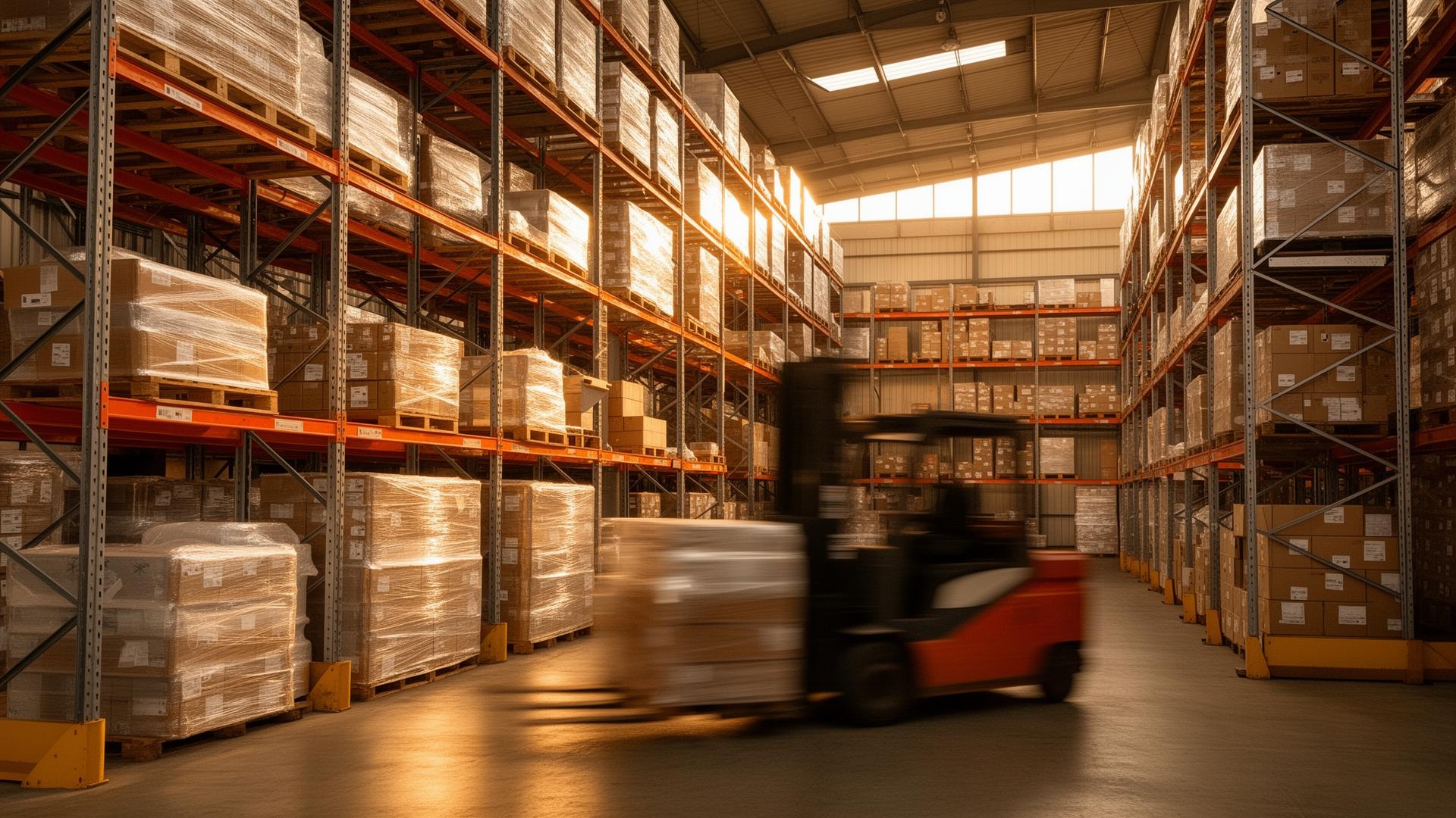 Industrial warehouse with pallets of stretch-wrapped goods at Rupala Industrial Supply